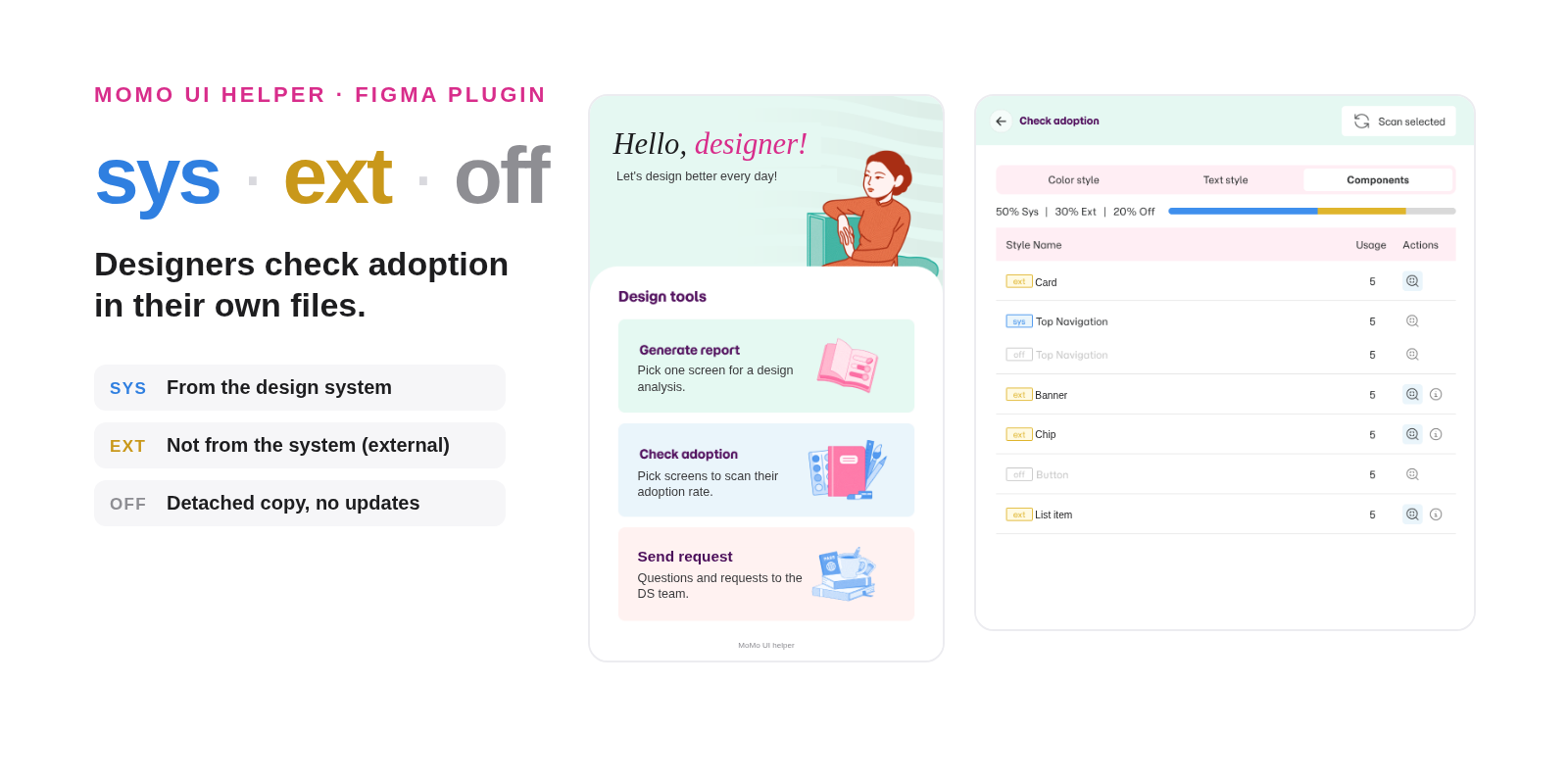 A Figma plugin showing design system component inspection